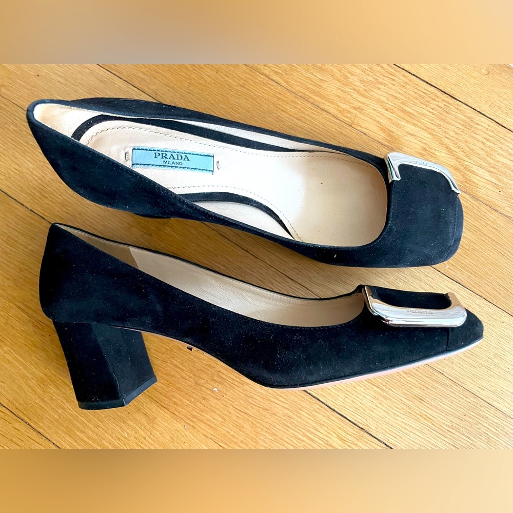 Prada Black Suede Block Heel Pumps Size 36.5/US 6.5